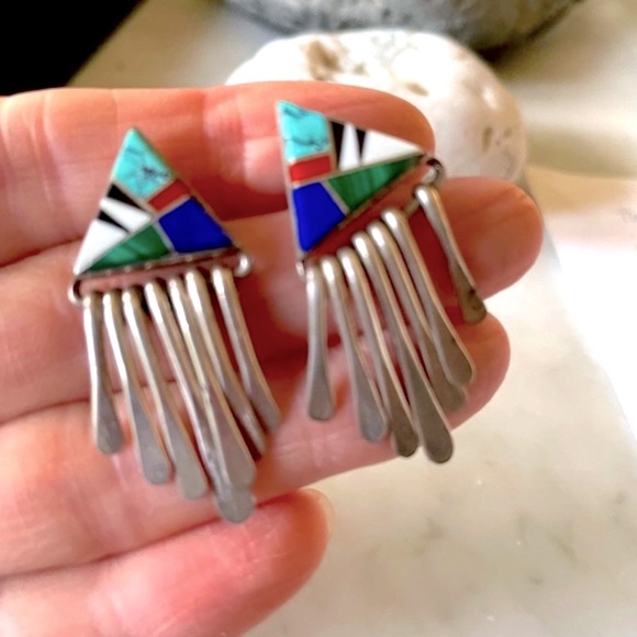 Vintage Zuni Native American Dangle Earrings - Picture 3 of 12